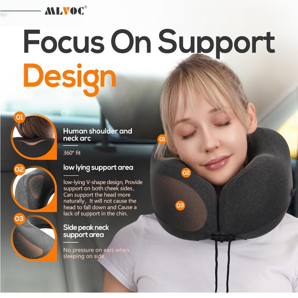 NWT MLVOC memory foam travel pillow, carrying case and eye cover - Picture 3 of 8